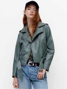 Zara Sage Green Faux Leather Belted Moto Biker Jacket XS